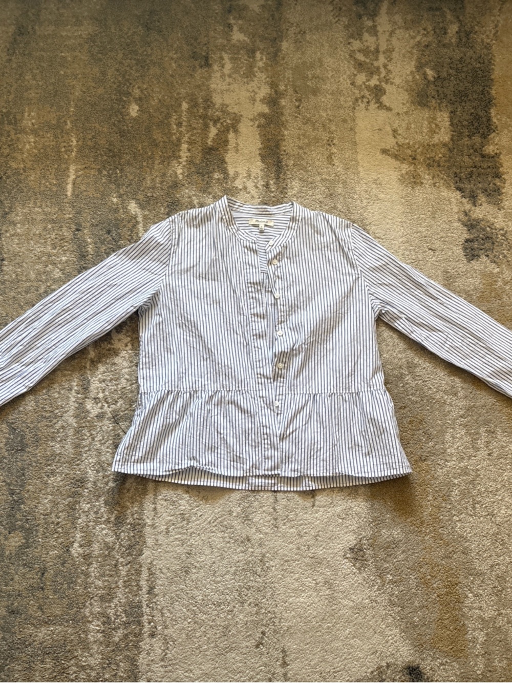 Madewell White and Navy Striped Peplum Button-Front Blouse